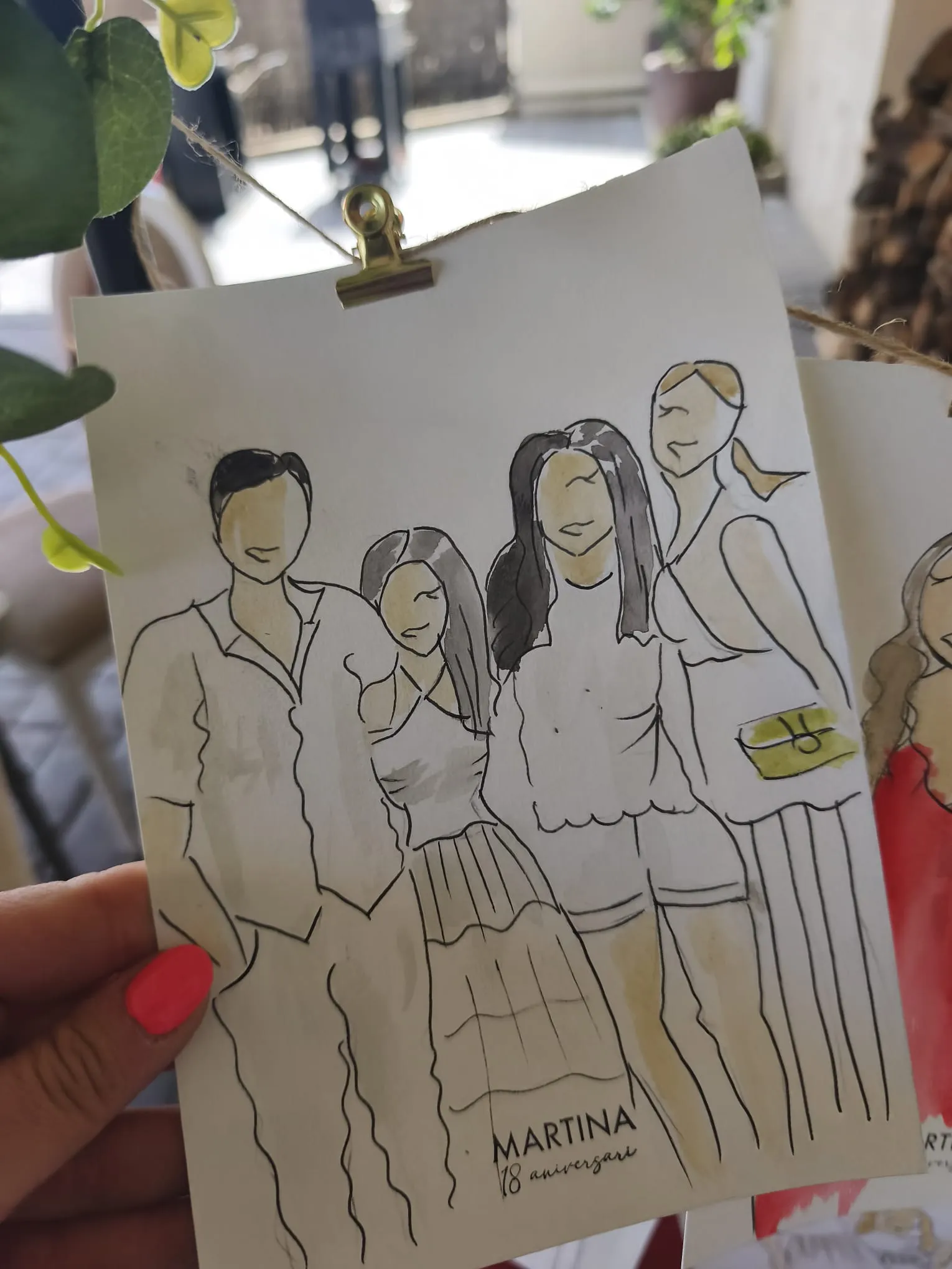 Retrat en tinta i aquarel·la d’un grup de família i amics